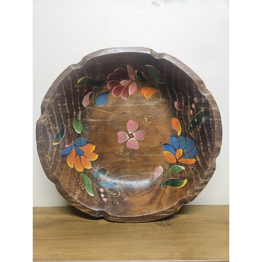 Vintage Mexican Folk Art Hand Painted Wooden Floral Decorative Bowl Tray 13in
